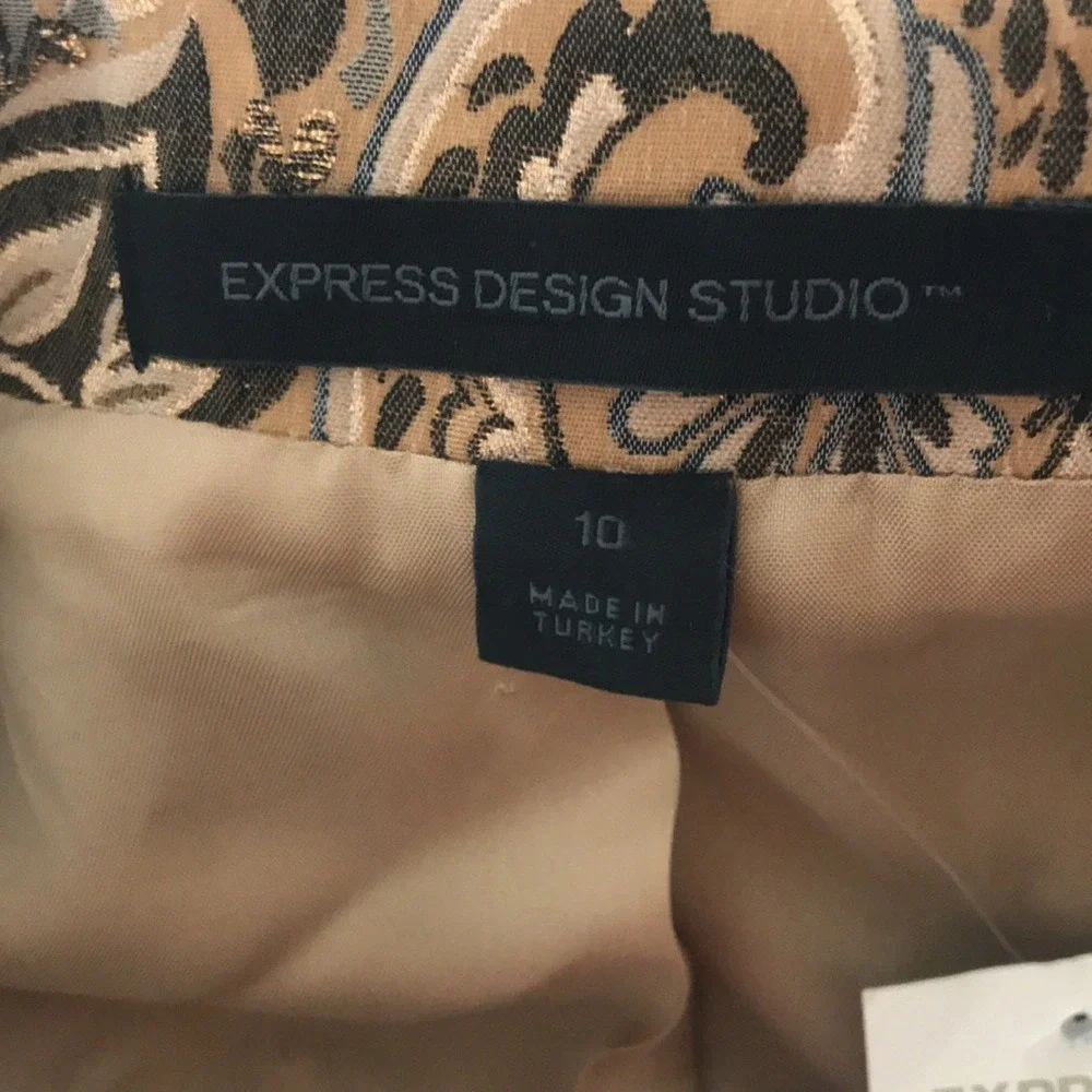Express Women's 10 Blazer Gold Brown Paisley‎ Metallic Brocade Double Breasted